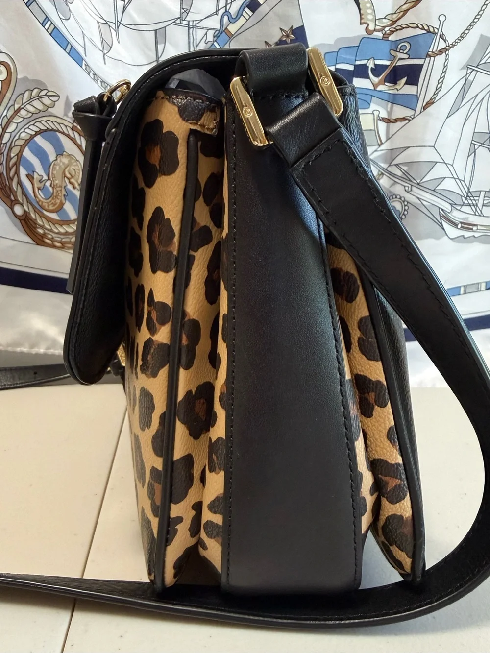 Tory Burch Black Leather Crossbody with Leopard Print Panel